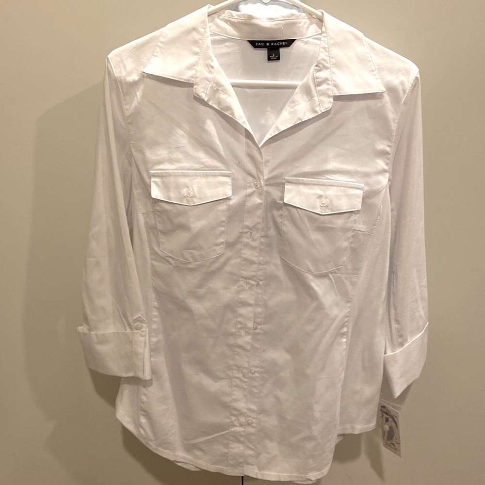 NWT L Zac & Rachel 3/4 sleeve white collar blouse woven and knit ultimate fit